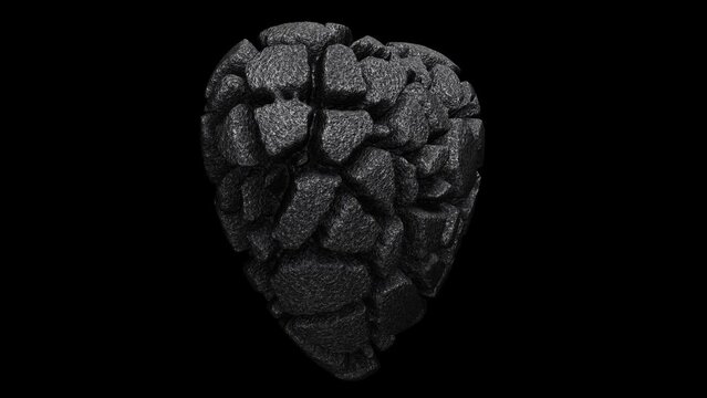 Realistic looping 3D animation of the spinning weathered cracked aged dark stone or granite heart rendered in UHD with alpha matte