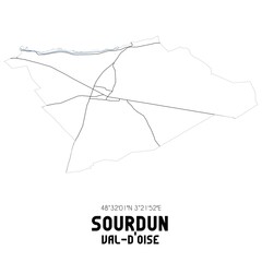 SOURDUN Val-d'Oise. Minimalistic street map with black and white lines.