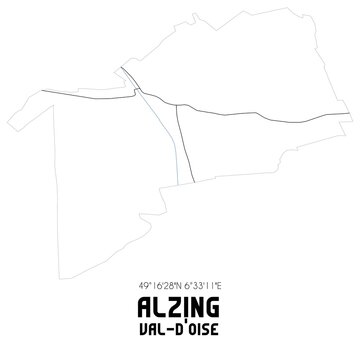 ALZING Val-d'Oise. Minimalistic street map with black and white lines.
