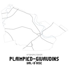 PLAIMPIED-GIVAUDINS Val-d'Oise. Minimalistic street map with black and white lines.