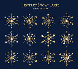 Set of small fancy snowflakes made of jewelry gold, silver chains and shiny ball beads. Elegant jewelry illustration for winter sales, christmas, new year holiday, gift decoration.