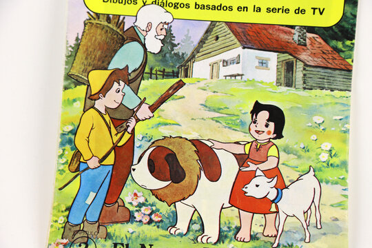 Children's magazine with the characters of the animated television series Heidi. Comic magazine. Heidi, Peter and Grandpa. Saint Bernard dog and Snowflake goat. House in the mountains. Swiss.