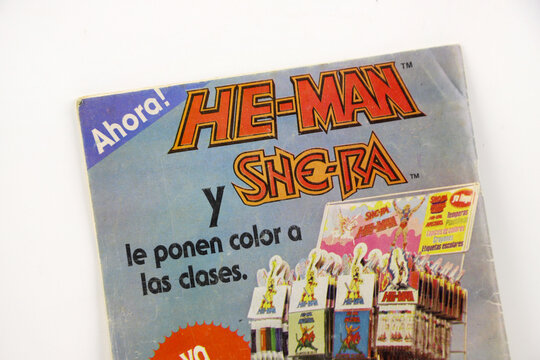 Old magazine advertising about school supplies are the characters of He-Man and She-Ra. Animated television series from the 80s. Plasticine, pencils, temperas, crayons, labels.
