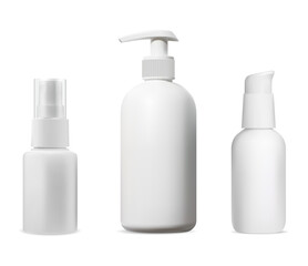 Cosmetic spray bottle set. Dispenser container vector mockup. Hygiene cosmetic packaging, airless serum flacon, face foundation bottle design. Mini aerosol tube, liquid shower cream