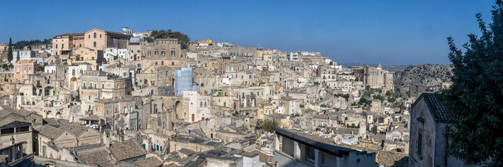Fototapeta na wymiar MATERA, ITALY - OCTOBER 17, 2022: Panorama view of the buildings in the old town