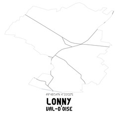 LONNY Val-d'Oise. Minimalistic street map with black and white lines.