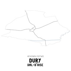 DURY Val-d'Oise. Minimalistic street map with black and white lines.