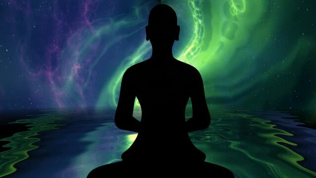 Buddhist monk in meditation pose against energy background