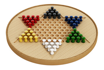 Chinese checkers board and pawns on transparent background