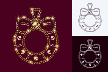 Christmas wreath made of jewelry gold, bronze chains, shiny ball beads Elegant jewelry illustration for winter sales, Xmas, new year holiday, gift decoration Monochrome black and white version