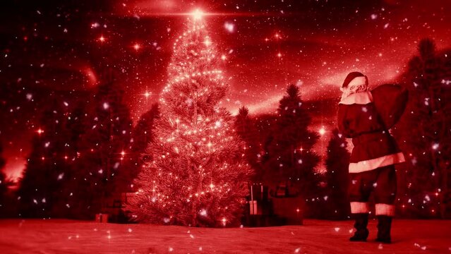 Red Christmas Xmas Tree and Santa Klaus with Falling Snow - Looping Animation Landscape Background