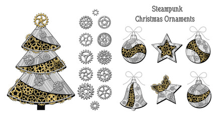 Set of gears, christmas tree, ball, star, bell in steampunk style © OA_Creation