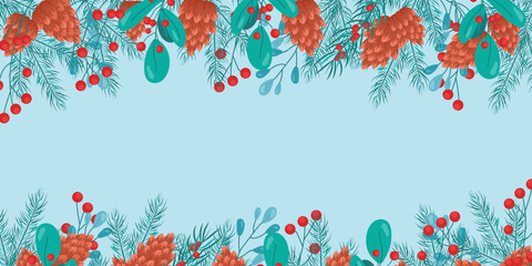 Background with fir branches, cones, red berries Merry Christmas and New Year 2023, greeting card, banner, poster, festive cover, template for text. Realistic winter vector for holiday decoration
