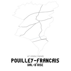 POUILLEY-FRANCAIS Val-d'Oise. Minimalistic street map with black and white lines.