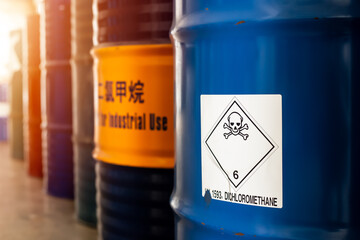 Label of toxicity, hazardous chemical warning symbol on the chemical barrel show caution for use....