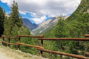 Fototapeta na wymiar Path with Wooden Fence and in the background Mountain of the Italian Alps and Blue sky with Clouds