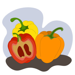 set of three bell peppers (red, orange, yellow). Harvest time. Farm pure product without nitrates.