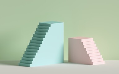 Obraz premium 3d render, blue pink stairs, steps, abstract background in pastel colors, fashion podium, minimal scene, primitive architectural blocks, design element