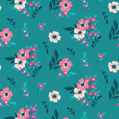 Seamless floral pattern, cute ditsy print with hand drawn wild plants. Pretty flower design, abstract arrangement of small pink flowers, twigs, leaves on blue background. Vector botanical illustration