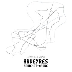 ARVEYRES Seine-et-Marne. Minimalistic street map with black and white lines.