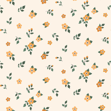 Seamless floral pattern, cute ditsy print with country motif. Pretty flower design, abstract composition of hand drawn plants: small yellow flowers, leaves on a light background. Vector illustration.