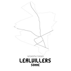LEALVILLERS Somme. Minimalistic street map with black and white lines.