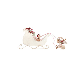 Cats on Christmas sleigh - watercolor illustration with transparent background