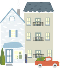 Snow-covered house, Christmas decorations