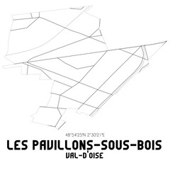 LES PAVILLONS-SOUS-BOIS Val-d'Oise. Minimalistic street map with black and white lines.