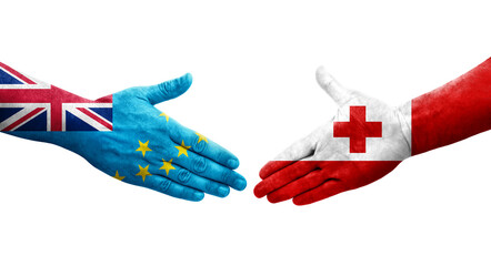 Handshake between Tuvalu and Tonga flags painted on hands, isolated transparent image.