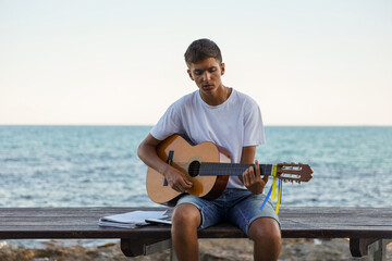 A young stylish guy plays the guitar on the embankment by the sea, the concept of music and...