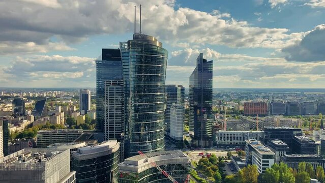 Top view of modern skyscrapers and business centers in Warsaw.
