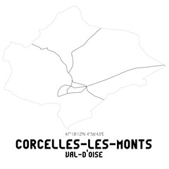 CORCELLES-LES-MONTS Val-d'Oise. Minimalistic street map with black and white lines.