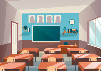 Empty school class room with board desk, shelf, books and clock. Educational concept classroom interior. Training room illustration for advertising, web or internet promotion