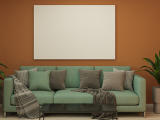 Livingroom Interior Design With poster image frame mockup, 3d render illustration