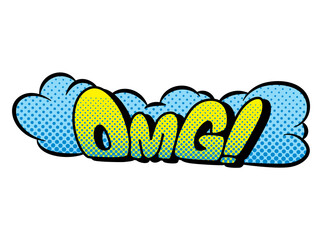 Comic book sound. Colored hand drawn speech bubble. OMG sound chat text effect in pop art style. Funny design  item