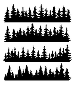 Fir trees silhouettes set. Coniferous or spruce forest horizontal background patterns, black pine woods  illustration. Beautiful hand drawn coniferous panoramas