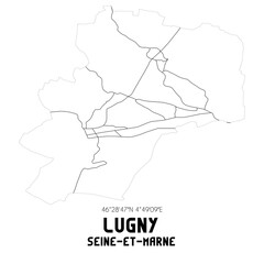 LUGNY Seine-et-Marne. Minimalistic street map with black and white lines.