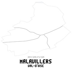 MALAVILLERS Val-d'Oise. Minimalistic street map with black and white lines.