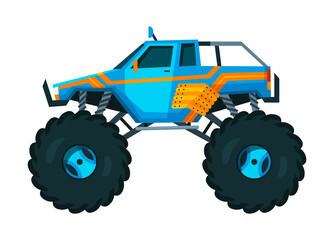 Monster truck. Bright colorful cartoon auto with big wheels. Heavy car with large tires and black tinted windows. Isolated rally 4x4 computer or mobile game © designer_things