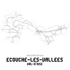 ECOUCHE-LES-VALLEES Val-d'Oise. Minimalistic street map with black and white lines.
