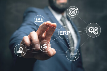 ERP and icons on a virtual screen.