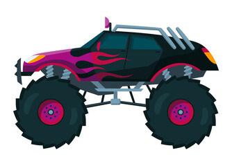 Monster truck. Bright colorful cartoon auto with big wheels. Heavy car with large tires and black tinted windows. Isolated rally 4x4 computer or mobile game
