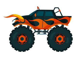 Monster truck. Bright colorful cartoon auto with big wheels. Heavy car with large tires and black tinted windows. Isolated rally 4x4 computer or mobile game © designer_things