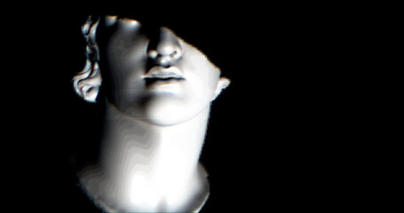 3D model of a roman statue head with glitch effect over. Glitch and noise over greek statue....