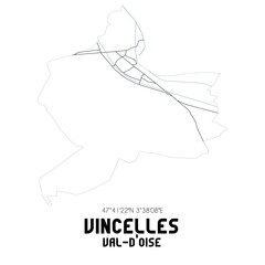 VINCELLES Val-d'Oise. Minimalistic street map with black and white lines.