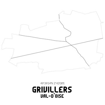 GRIVILLERS Val-d'Oise. Minimalistic street map with black and white lines.