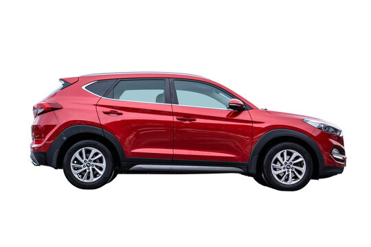 Cluj-Napoca, Romania-January 27, 2021 : Hyundai Tucson - red metallic paint, SUV 4x4, all terrain car, isolated, png with, no background