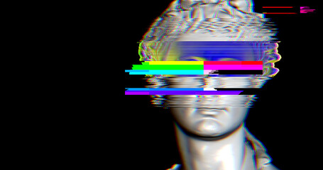 3D model of a roman statue head with glitch effect over. Glitch and noise over greek statue....