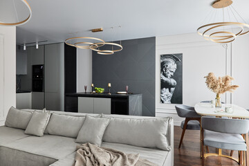 Modern interior of studio apartment in gray and  white colors and tones. White furniture and door....